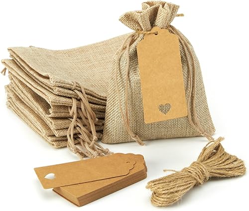 FOCCIUP 10 bolsas de regalo de arpillera de 4 x 6 pulgadas con bolsas de regalo con cordón para boda, fiesta, joyería, embalaje con etiquetas