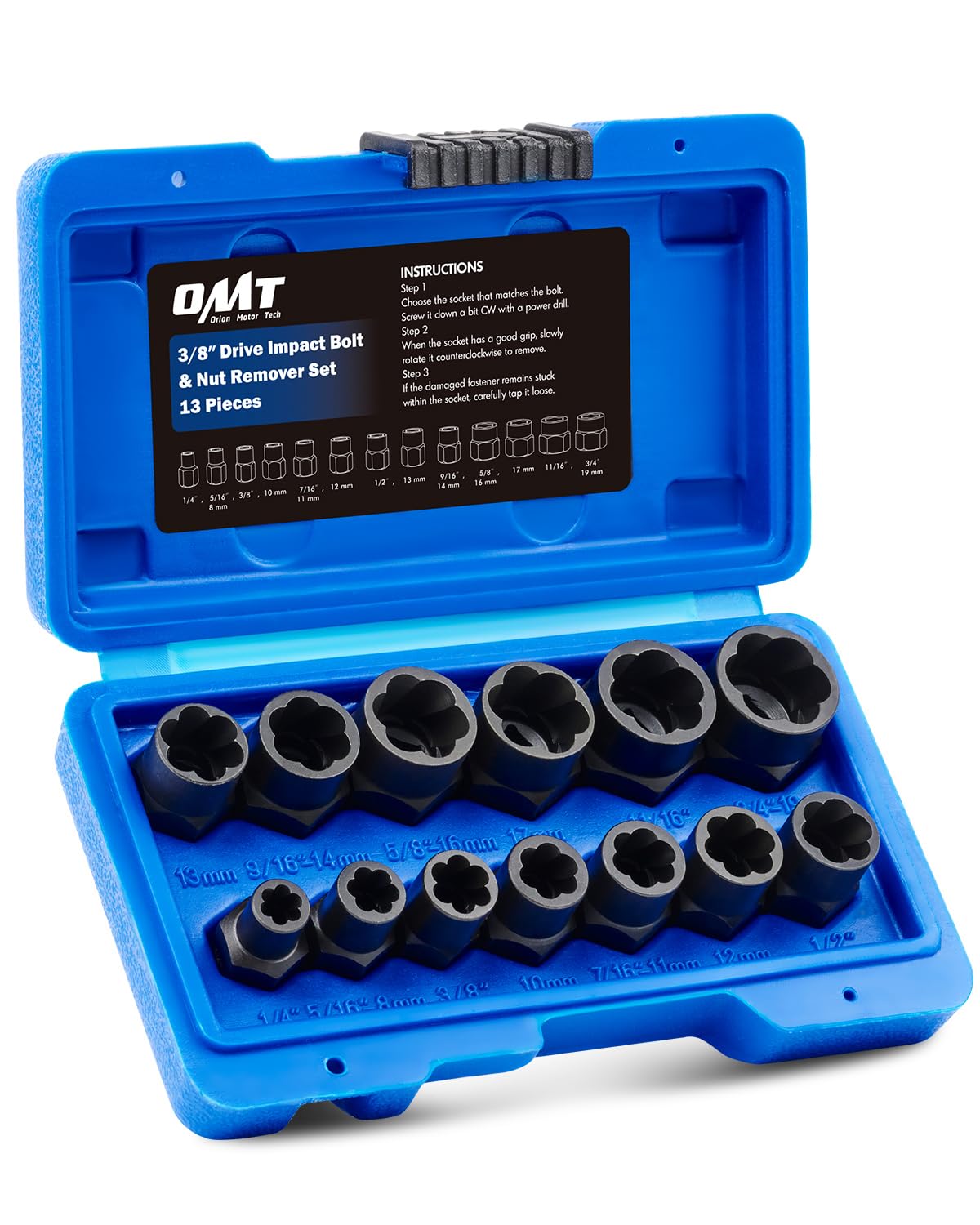 Orion Motor Tech 13pc Bolt Extractor Set, Impact Nut and Bolt Remover Tool Kit, Locking Wheel Nut Removal Tool in SAE and Metric Sizes for 3/8 Inch Drive with Case