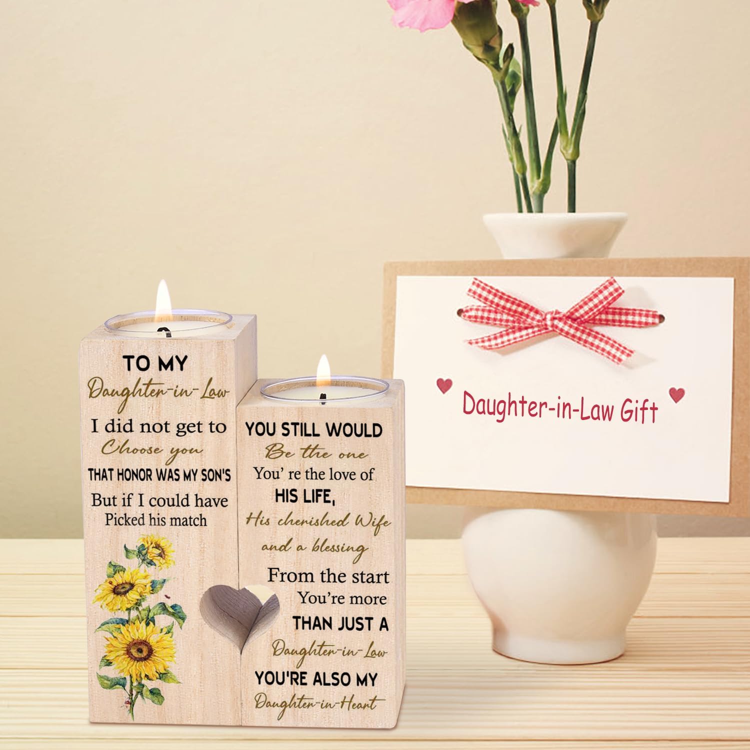 to My Daughter-in-Law from The Start You're More Than JUST A Daughter-in-Law You're Also My Daughter-in-Heart Personalized Wooden Candle Holder for Couple Birthday Candle Decoration - Image 5