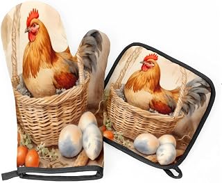 Oven Mitt and Pot Holder Set of 2 Heat Resistant Beetroot Radish Basket Chicken Oven Gloves Potholders Hot Pads Sturdy Kitchen Accessories for Cooking Microwave Baking Grilling