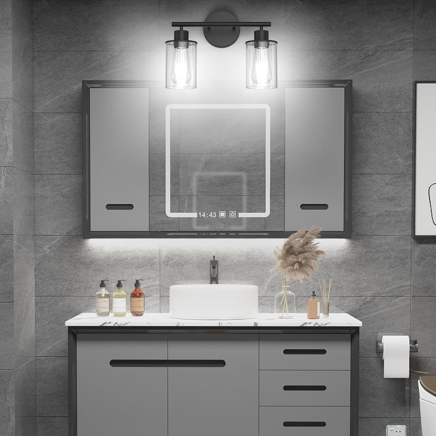 Aipsun Black Vanity Light 2 Lights Farmhouse Bathroom Lights Fixtures Over Mirror with Clear Glass Shade(Exclude Bulb)