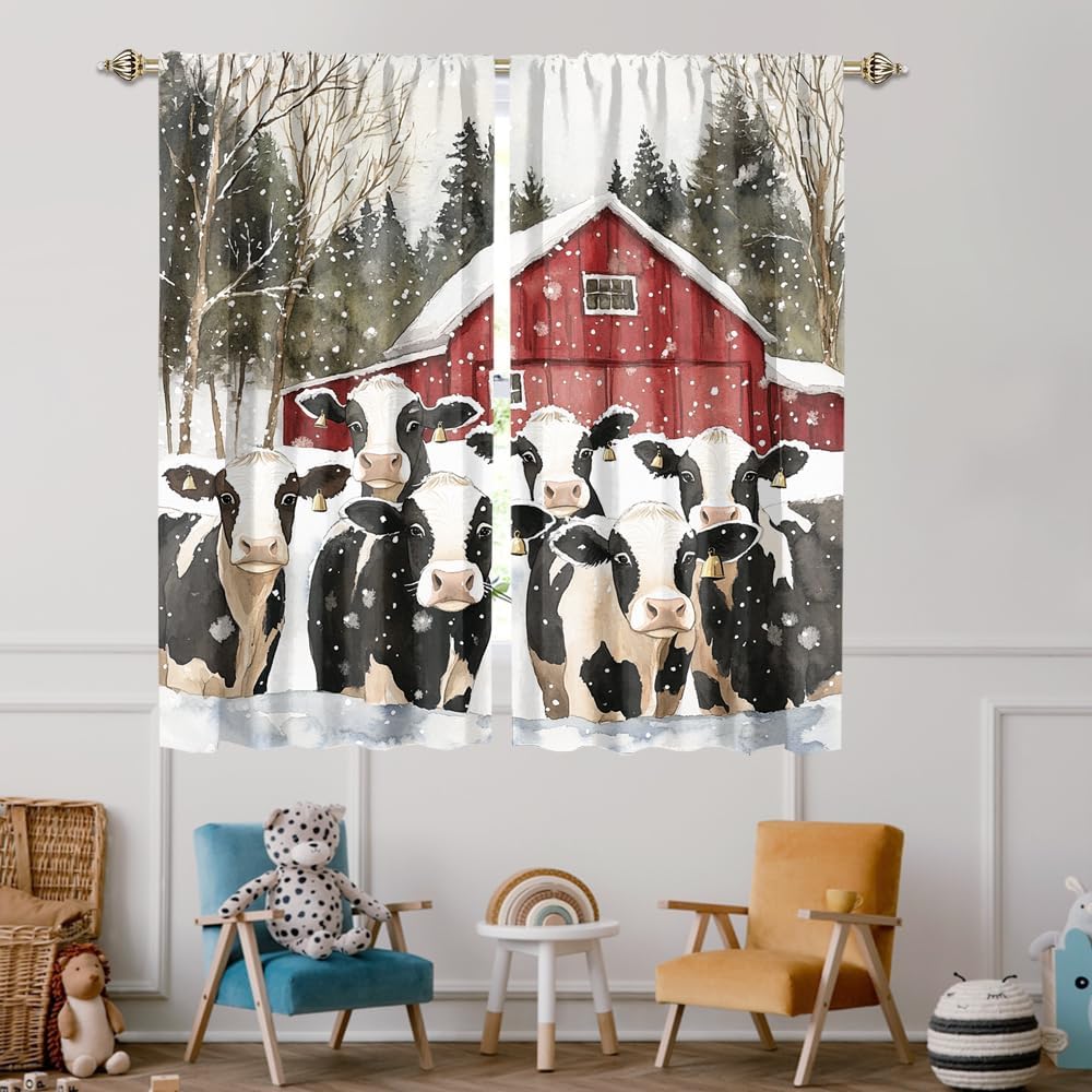 Rustic Cabin Animal Cow Blackout Curtains Vintage Farmhouse Christmas Winter Snowy Forest Thermal Insulated Blackout Curtains for Living Room Bedroom 2 Panels 54" L x 21" W