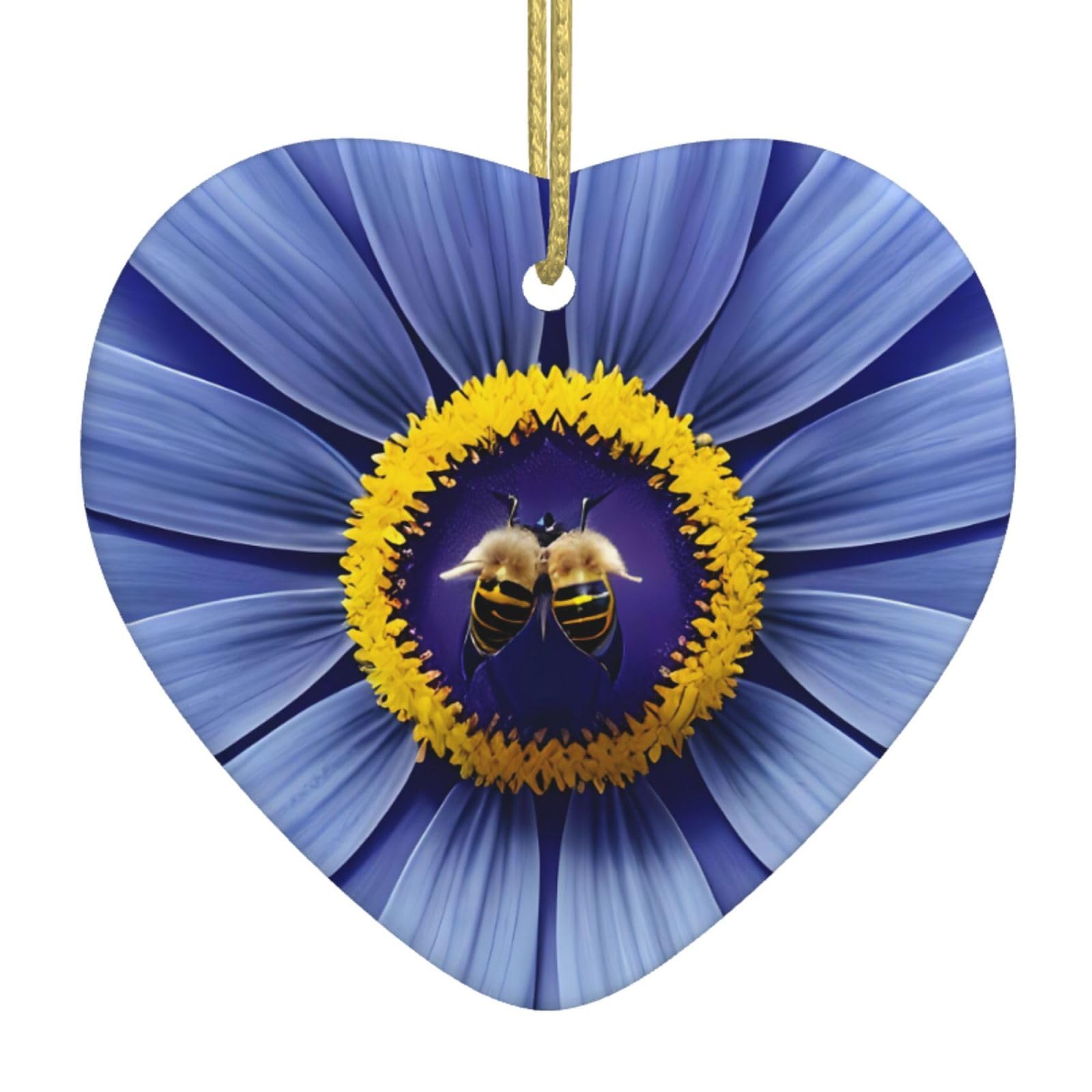 Flower Heart bee Ceramic Christmas Heart Pendant with Silk Thread, Christmas Tree Home Decoration