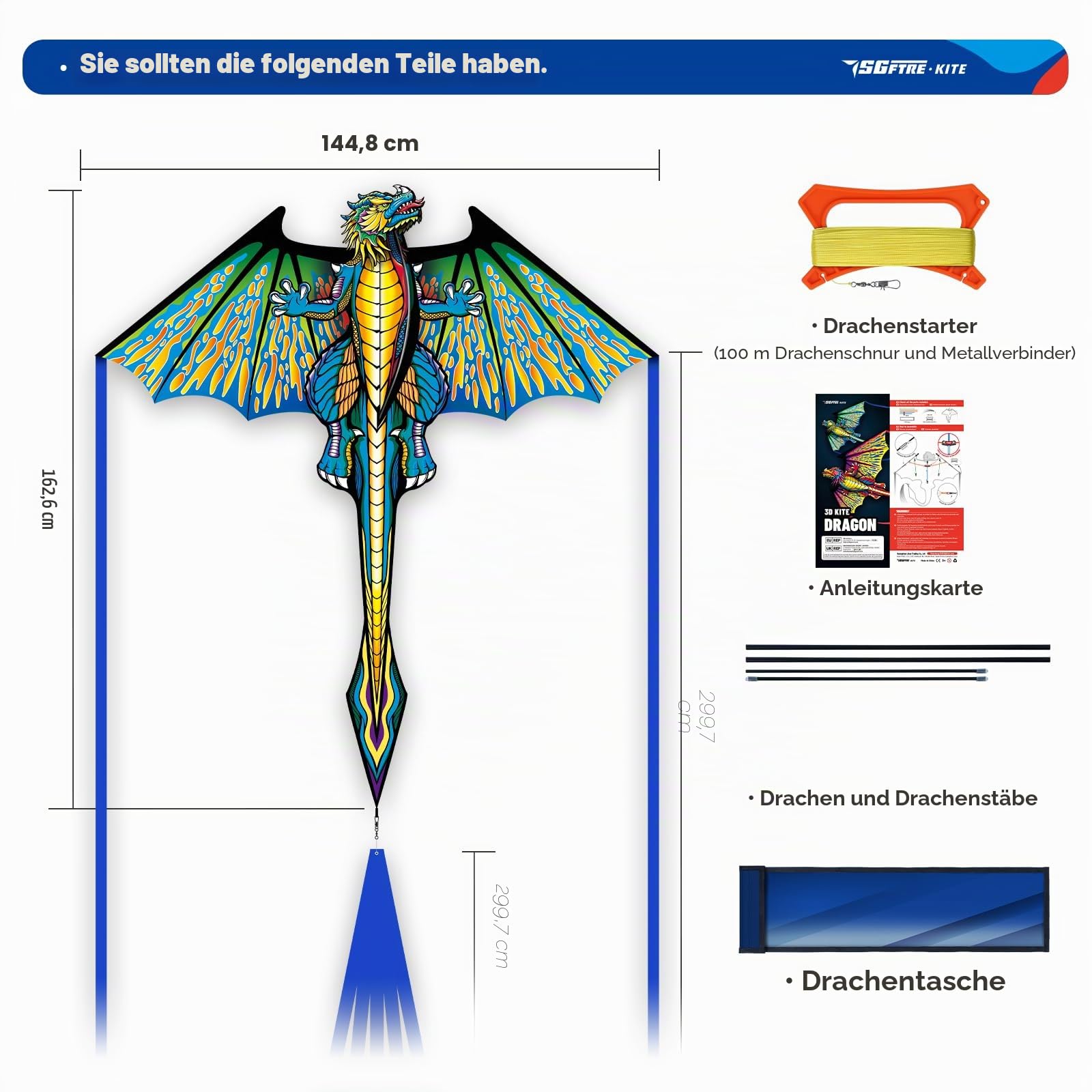 SGftre Dragon Drachen für Kinder im Alter von 4-8 Jahren, Große Einfache Flieger mit Schnur und Griff Spielzeug, Extrem Einfach zu Fliegen für Erwachsene und Kinder.