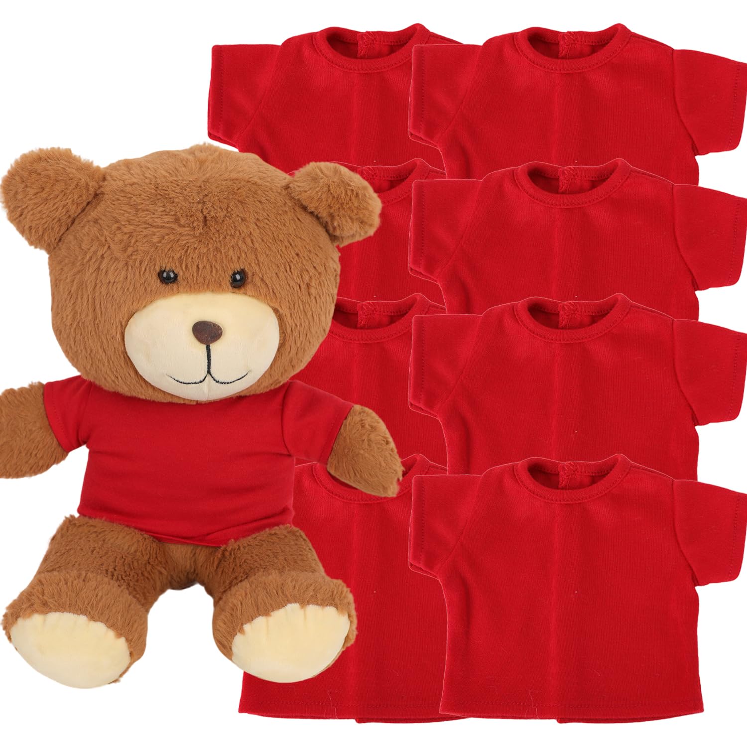 Plush Teddy Bear Clothing Set, Red T-Shirts, Cotton, Basic Style, Easy Put-On Design, 8 Pack