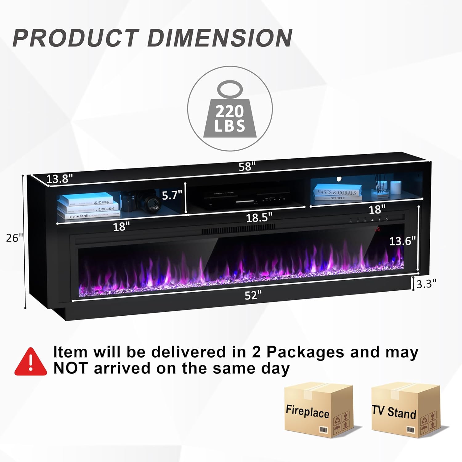 Image showing product dimensions and two separate packages for the TV stand and fireplace.