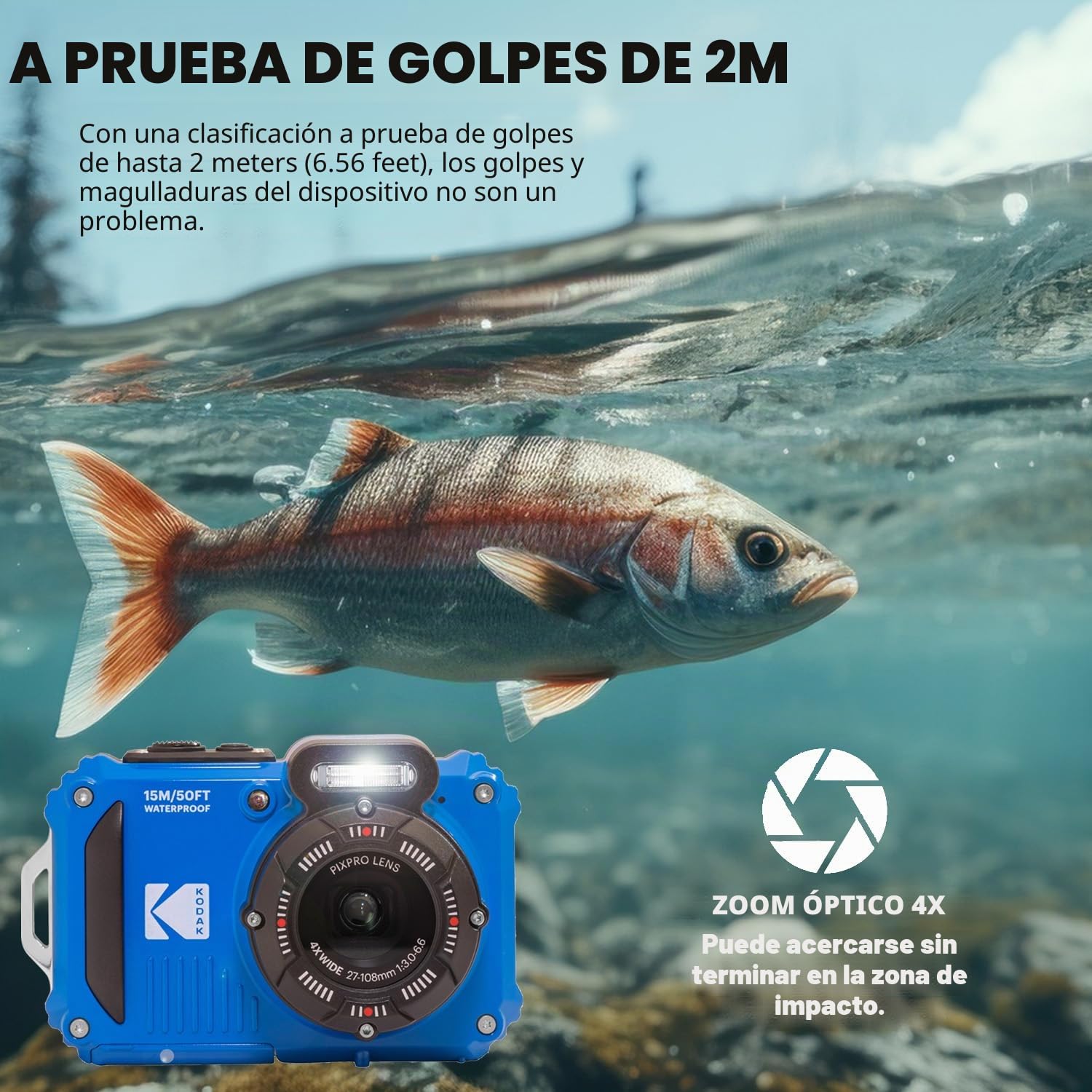 Kodak PIXPRO WPZ2 - Cámara digital resistente al agua y golpes, 16 MP óptico, 1080P, video Full HD, LCD 2.7" azul, tarjeta SD 32 GB, funda compacta