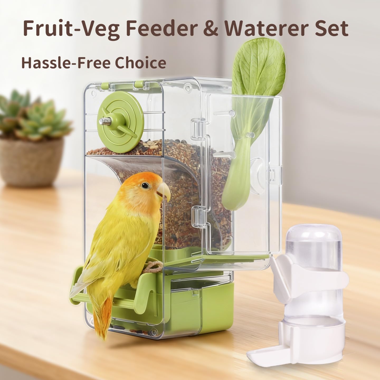 No Mess Bird Feeder with Veggie Skewer and Water Bottle Set, 15oz Feeder with Seed Hull Catcher + 4.7oz Leak-Proof Dispenser, Cage Accessories for Cockatiels, Conures, Parakeets, Lovebirds (Green) image 5
