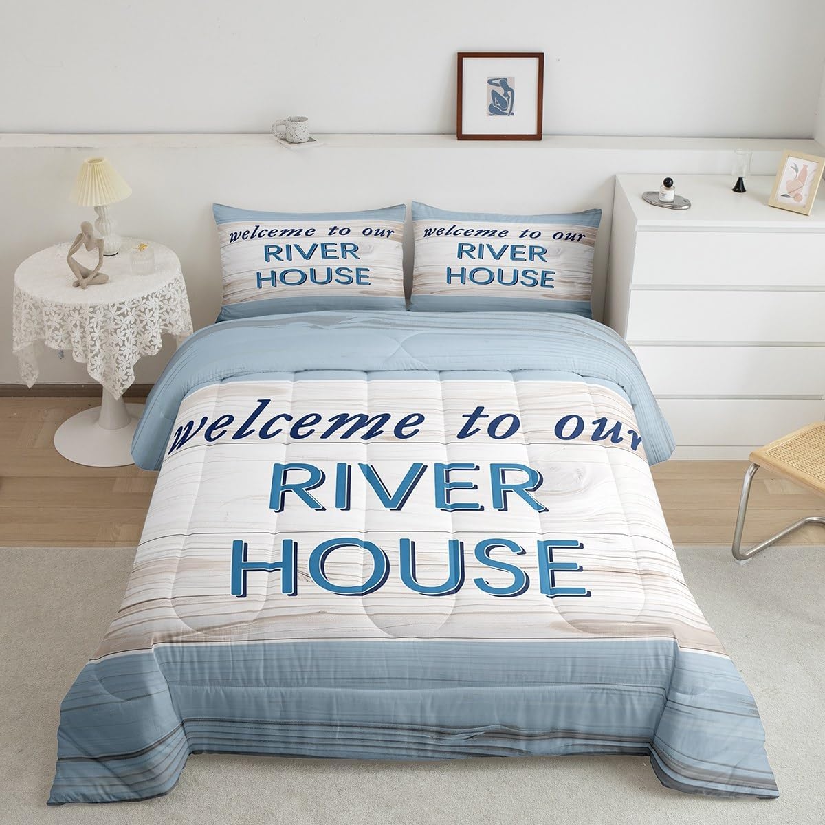 Castle Fairy River House Comforter Set King Size,Retro Rustic Wooden Board Geometric Bedding Set All Season Quilt Set,Lake Life Camping Hunting Themed Microfiber Polyester Down Comforter