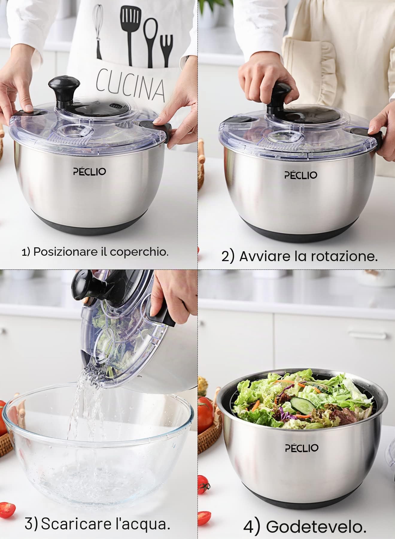 Centrifuga per insalata grande da 4,5 l, in acciaio inox 18/10, di alta qualità, con coperchio trasparente, fondo antiscivolo, centrifuga per insalata con azionamento a manovella, senza BPA e lavabile