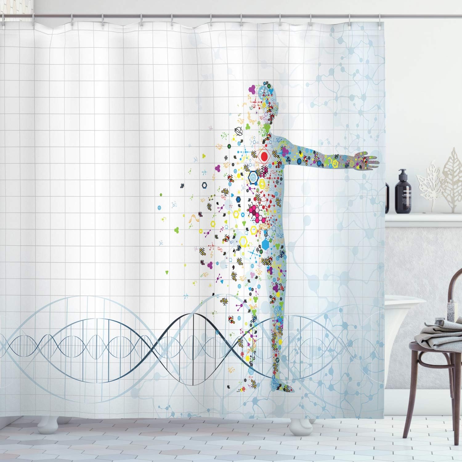 Ambesonne Human Anatomy Shower Curtain, Digital Psychedelic Molecule Body of Human DNA Genetic Helix Life Art Design, Cloth Fabric Bathroom Decor Set with Hooks, 69" W x 70" L, Pale Blue