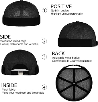 Enwokran Brimless Hat Docker Cap Summer Mesh No Brim Beanie Hat Adjustable Rolled Cuff Cap Casual Unisex Worker Sailor Retro Street Outdoor Hip-Hop Sailor Stylish Skull Caps