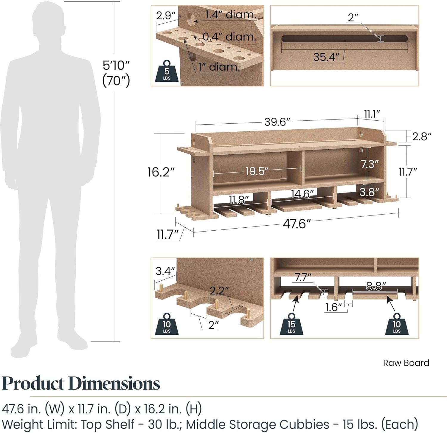 Benford 48" Extra Wide Wall Mount Tool Organizer, Raw Board