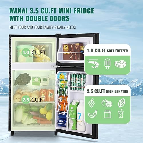 Miniatura 2 de WANAI Mini refrigerador de doble puerta de 3.5 pies cúbicos con congelador, refrigerador compacto con termostato ajustable de 7 niveles (-0.4-50),