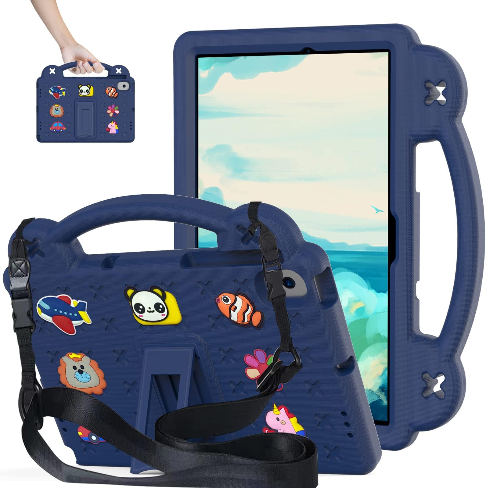 Billionn Shockproof Case for Lenovo Tab M10 Plus 3rd Gen 10.6'' 2022 with Handle/Screen Protector/Stand/Shoulder Strap DIY Cute Kids Cover for Lenovo M10 Plus 10.6 TB-125F/128F, Navy Blue