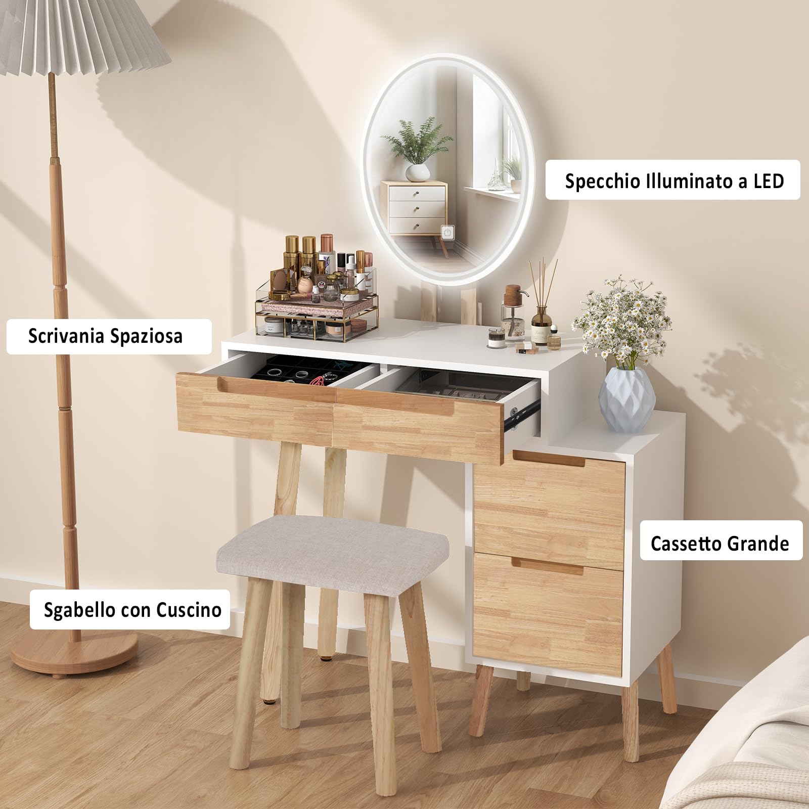 YU YUSING Toeletta con Luci LED, Tavolo da Trucco con Specchio e Sgabello, 4 cassetti e Comodino Rimovibile, Postazione da Trucco, Comodino Camera da Letto, Consolle da Trucco