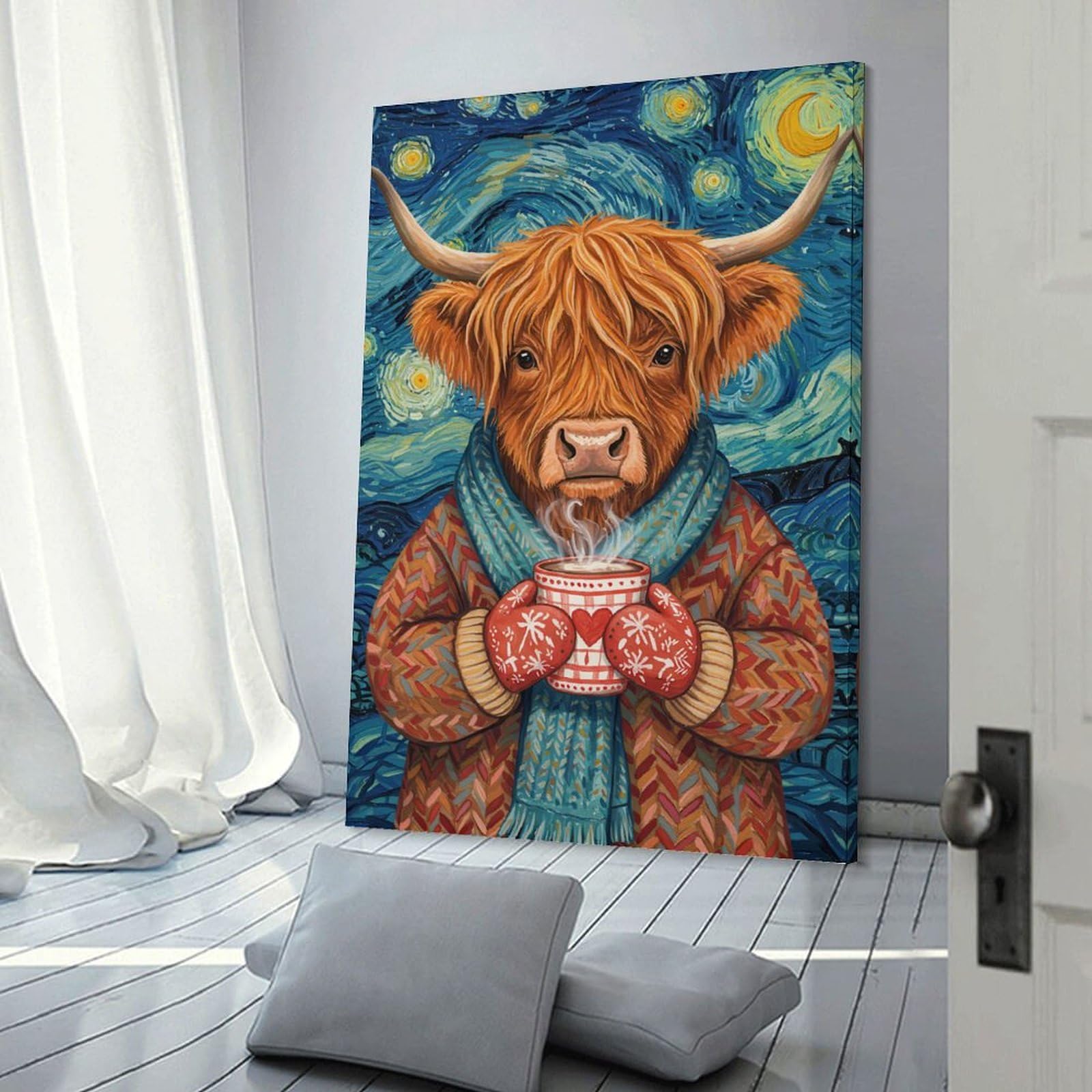 Junmoney Home Decor Wall Art Highland Cow in Starry Night, 12x18inch(30x45cm), for Gallery Wall Decor And Room Displays, An Easy Match for Collected Prints