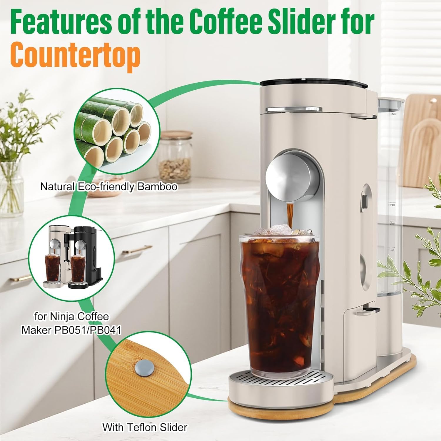 Appliance Slider for Ninja Single Serve Coffee Maker PB051/PB041, Bamboo Kitchen Appliance Sliding Tray for Coffee Maker, Coffee Slider for Countertop for Ninja Accessories, 5.9”W x 16.5”D