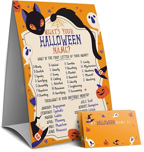 Letrero de juegos de Halloween: ¿cuál es tu juego de nombre de Halloween, juegos y actividades de Halloween para la familia, juegos de fiesta de