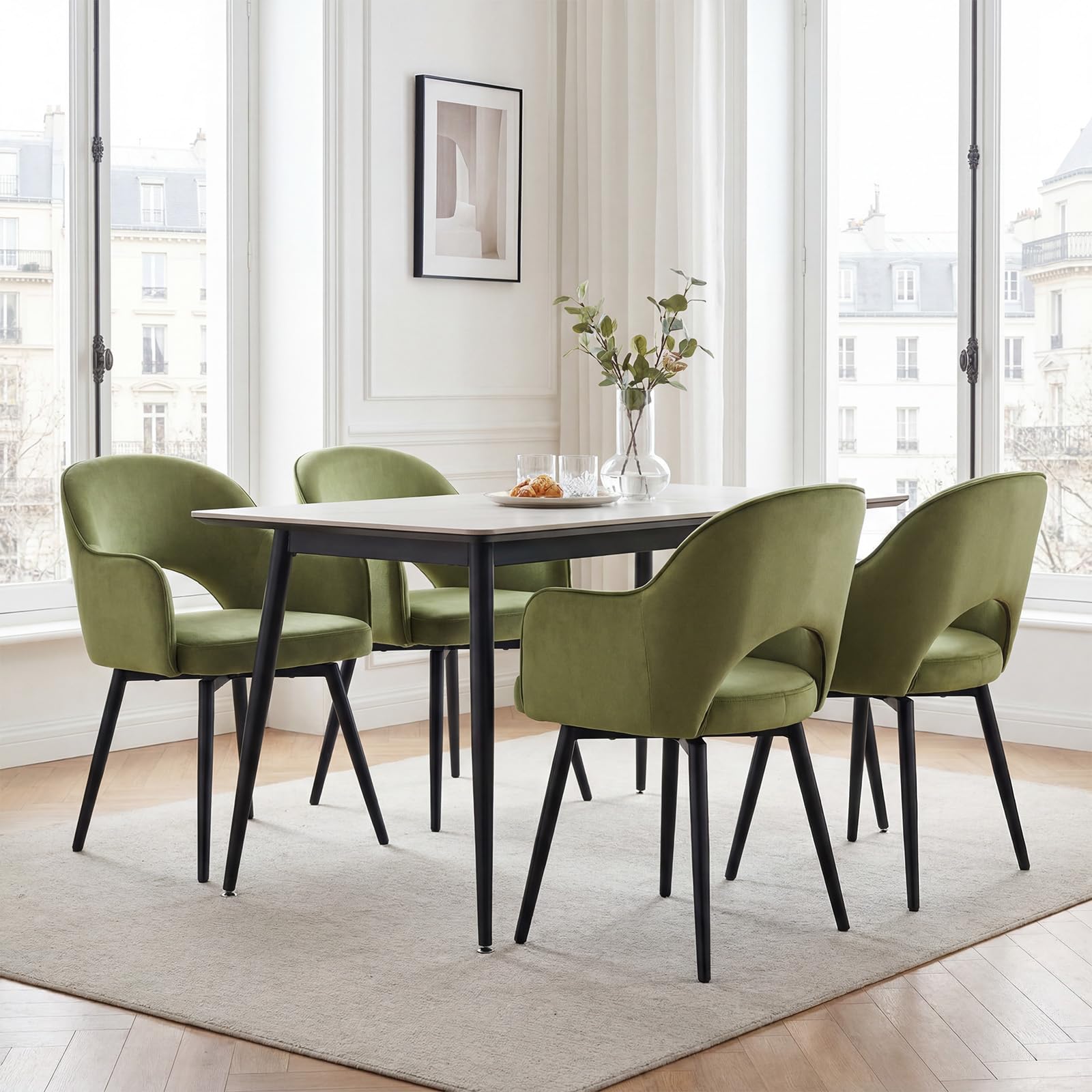 chairus Juego de 4 Sillas de Comedor Terciopelo Sillas de Cocina Giratoria con Patas Negras, Sillas de Hogar Modernas con Respaldo Hueco para Restaurante/Cafetería, Verde