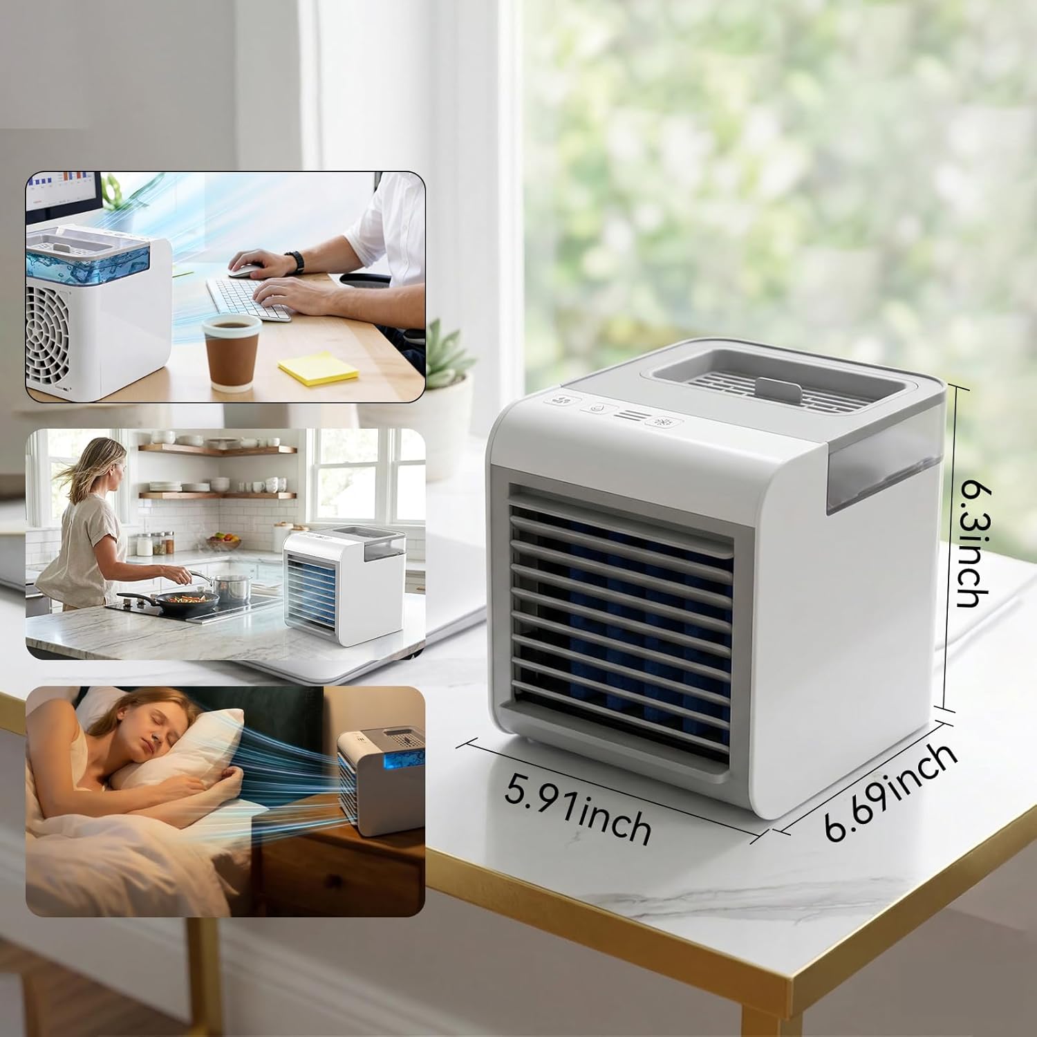 Portable Air Conditioner, 4-in-1 Mini Air Cooler with 450ML Water Tank, 3 Speeds Portable Fan with 7 Colors LED Ambient Light, Type-C Rechargeable Desktop Humidifier Fan for Bedroom Office Travel