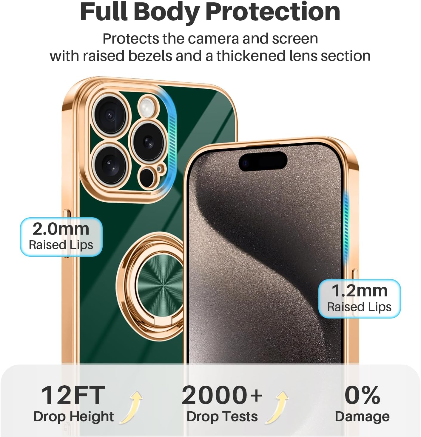 Dinick Designed for iPhone 15 Pro Max Case with Ring Holder Soft TPU Bumper Glitter Plated Slim Cover for Women Men Finger Stand for iPhone 15 Pro Max Case Green and Gold - Image 3