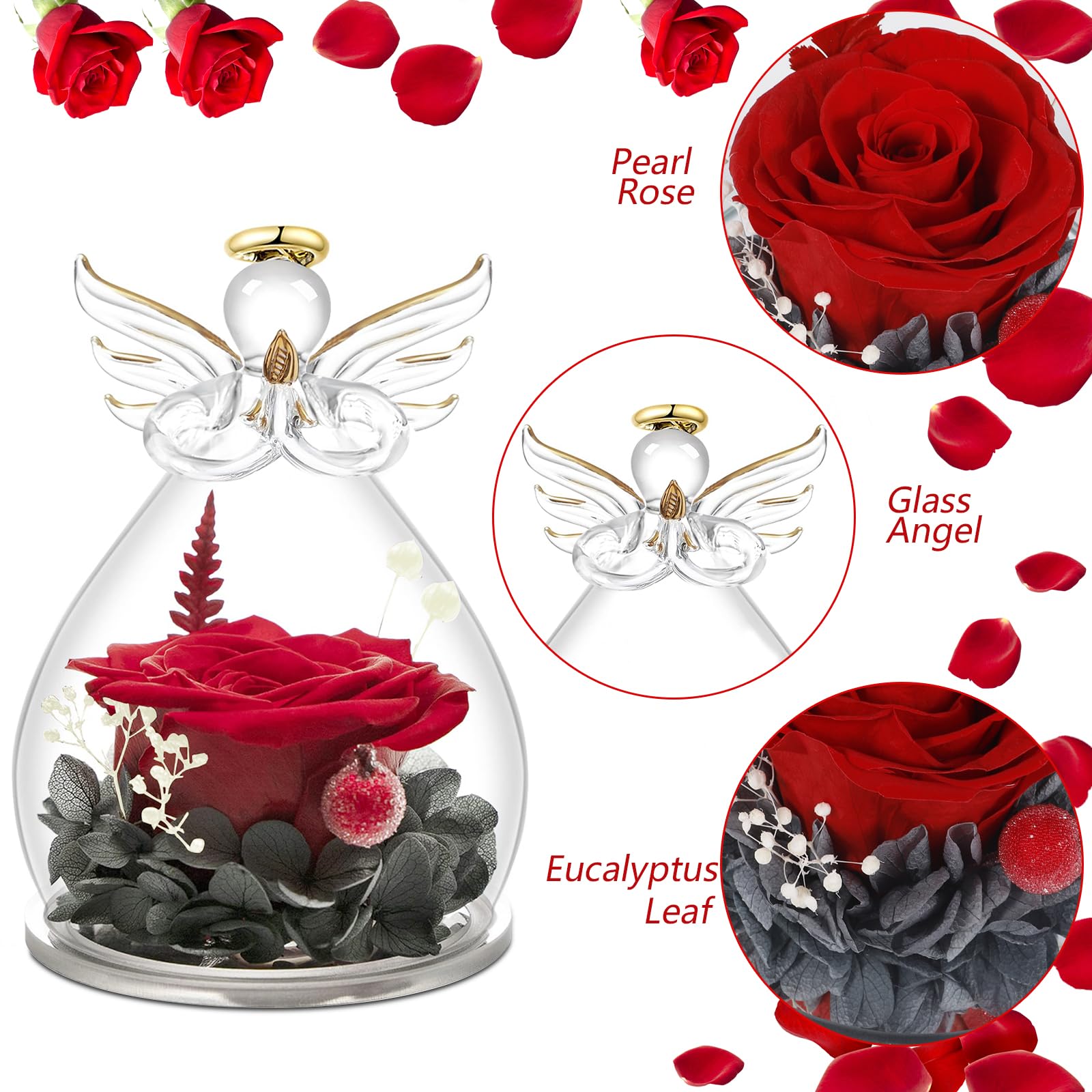 Rosa Eterna,Rosas Eternas en Vidrio,Rosa Eterna en Vidrio Angel Figurines,Rosa Preservadas,Flores Eternas con Figura de Ángel,Regalos Cumpleaños,Regalo Dia de la Madre,Regalos Cumpleaños