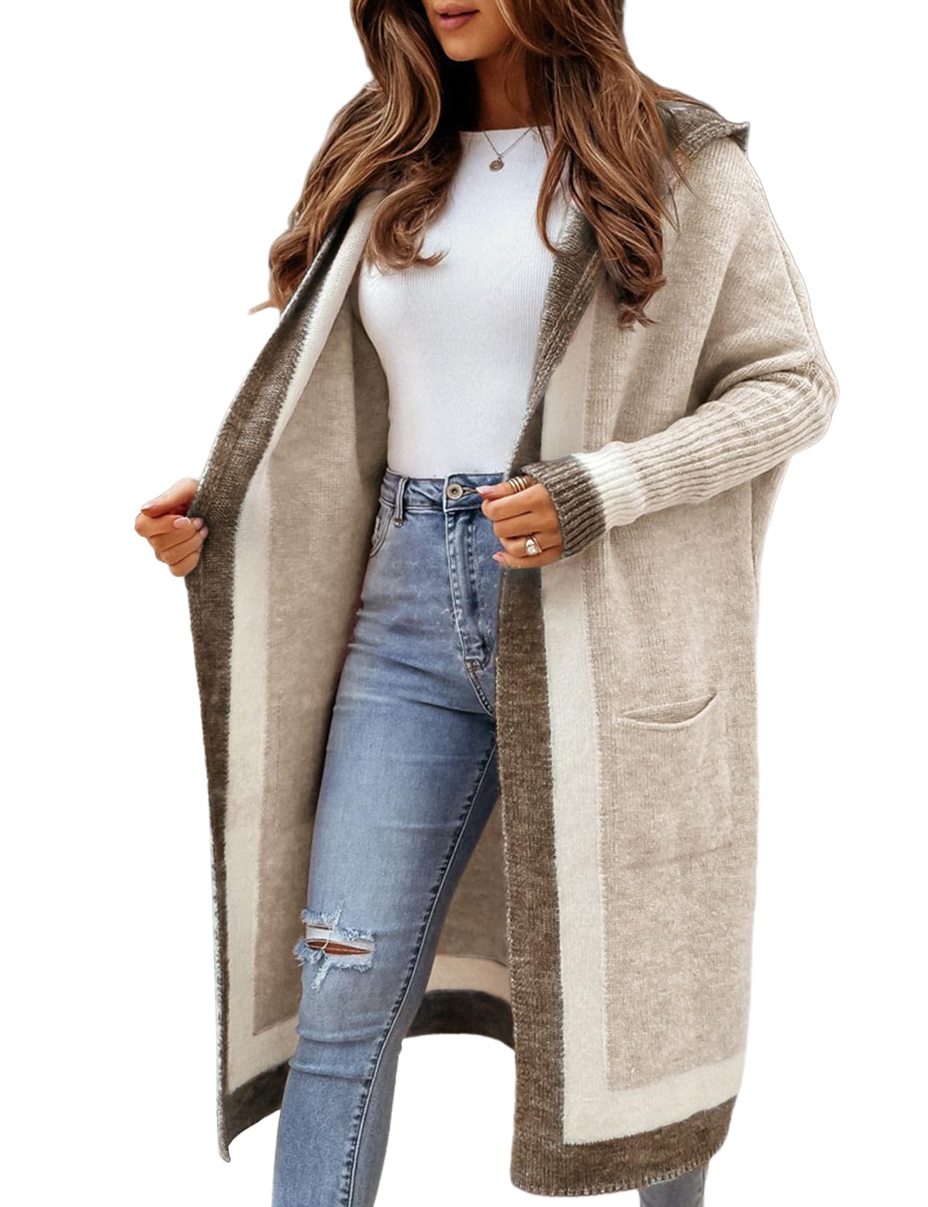 Yimoon Womens Long Cardigan Sweater Color Block Open Front Hooded Cardigan Oversized Knit Sweater Outwear