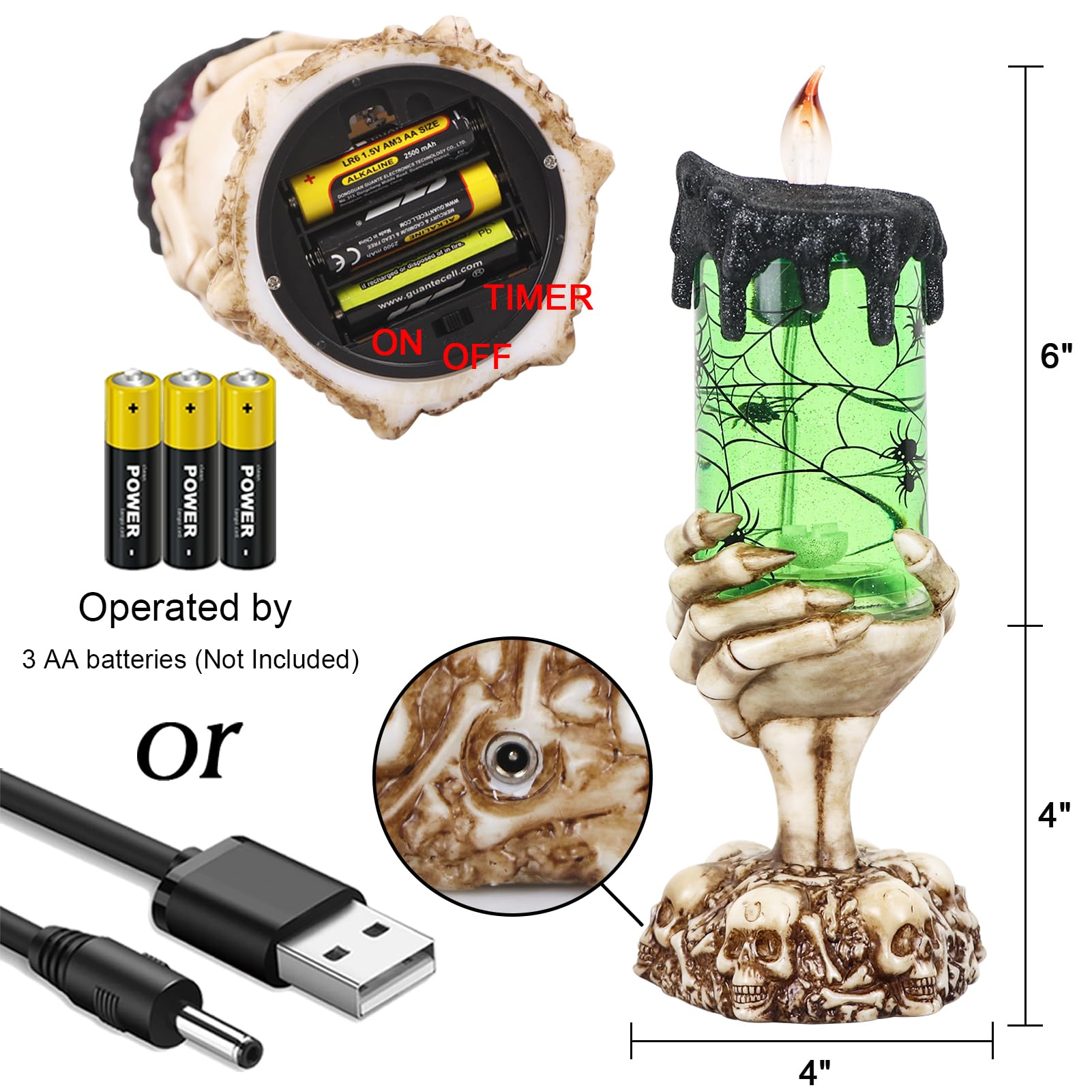 Wondise Halloween Snow Globe Candles Lighted Lamp with USB Powered Battery Operated Spinning Water Glittering Globe with Spider Skeleton Hand Holder for Halloween Centerpiece Decor