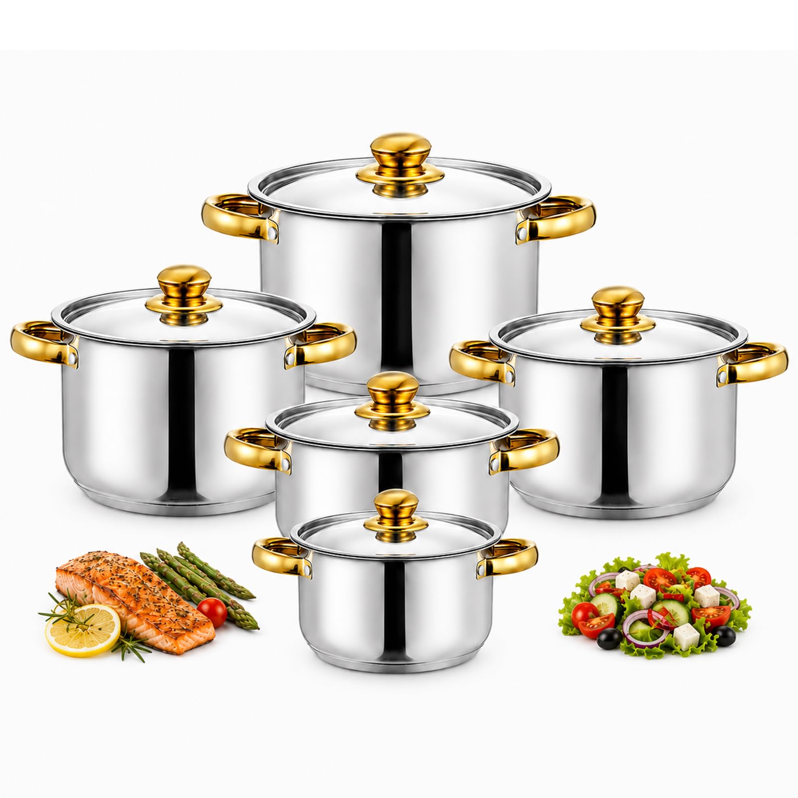 Set de Ollas Acero Inoxidable 10 Piezas, Tapas Acero, Todo Tipo Cocinas