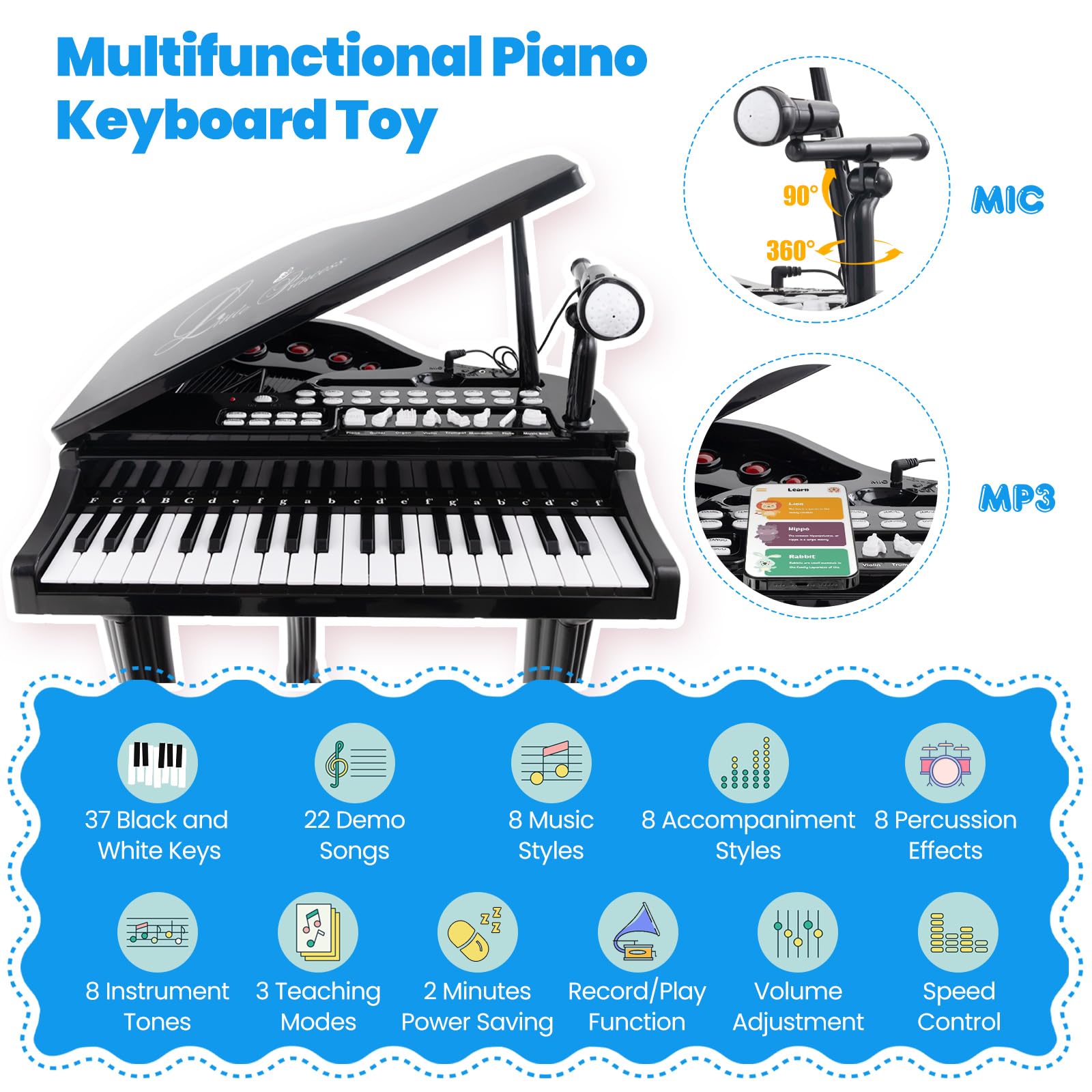 KOMFOTTEU Set di pianoforte per bambini, 37 tasti, pianoforte elettronico con microfono e sgabello, tastiera per pianoforte elettronica con 8 effetti di percussione e stili di accompagnamento