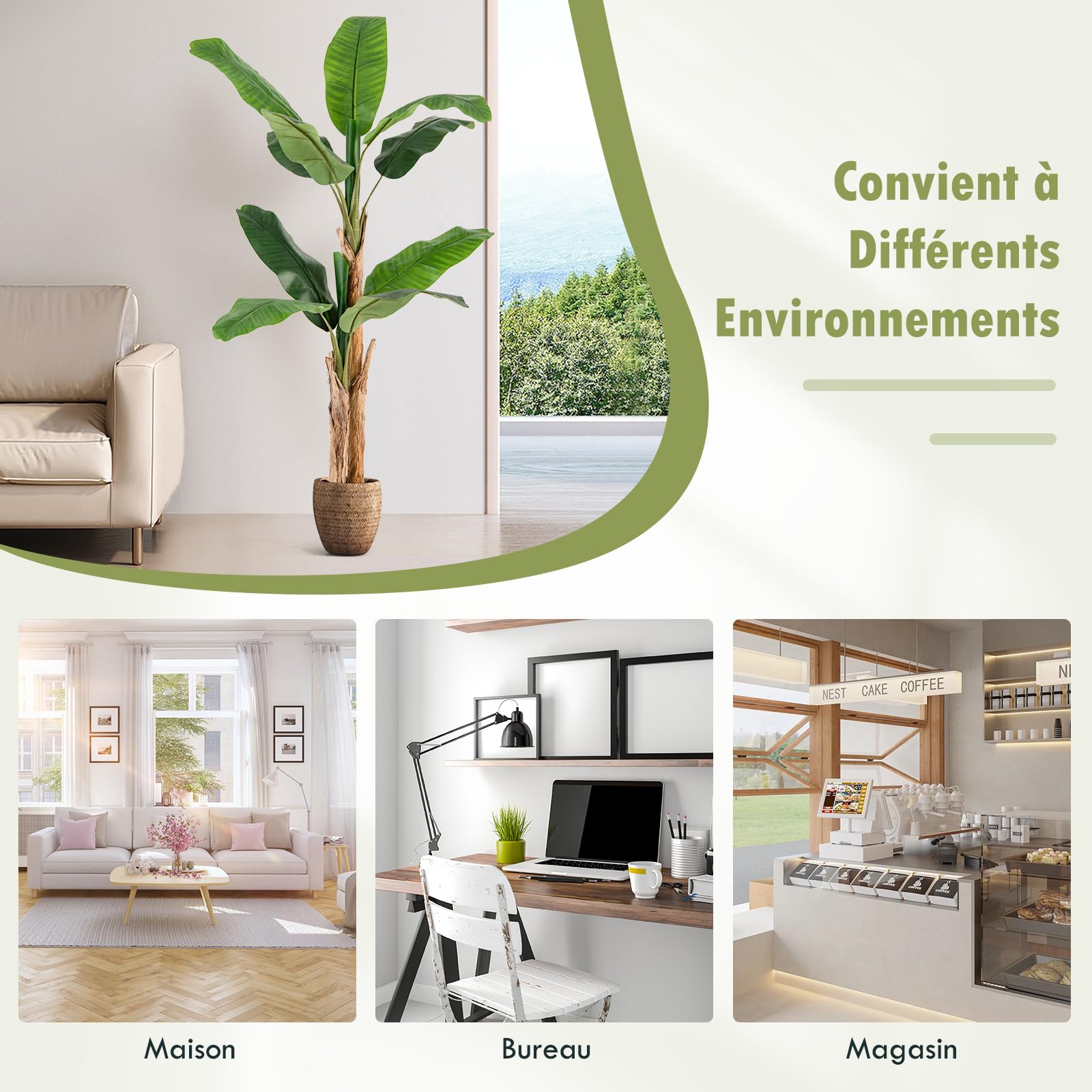 GIANTEX Plante Artificielle Intérieur, Fausse Plante Bananier 165 CM en Pot avec Ciment, 2 Tiges Réalistes & 10 Grandes Feuilles, Arbre Artificiel Intérieur Extérieur Maison Jardin Bureau