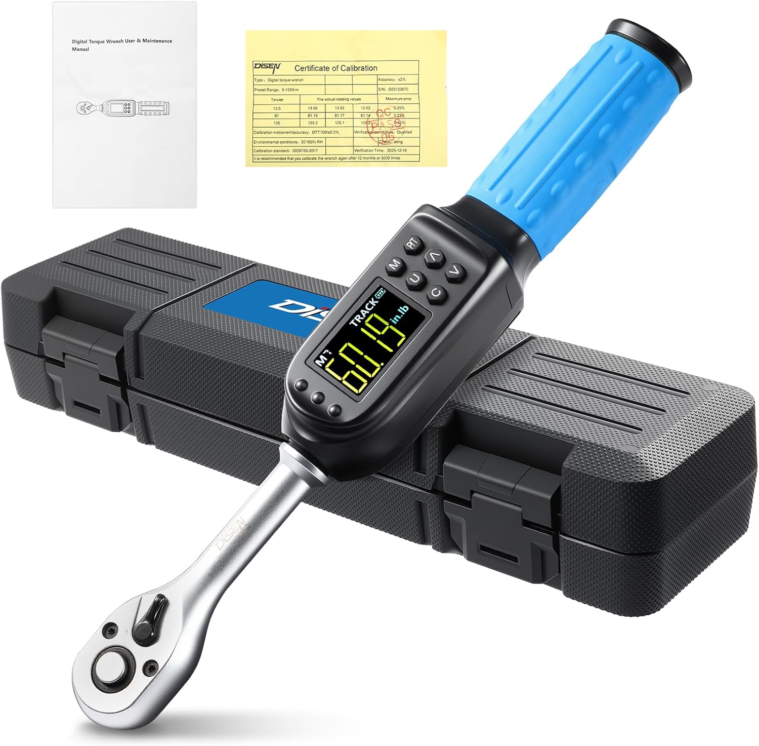 DISEN 3/8 inch Digital Torque Wrench (5-135 N.m / 3.7-99.6 Ft.lb), ±2% Accuracy, 8 Presets & 500 Data Memory, 5 Units, LED & Buzzer Alert, Tracking/Peak Modes, for Automotive Motorcycle Bicycle DIY