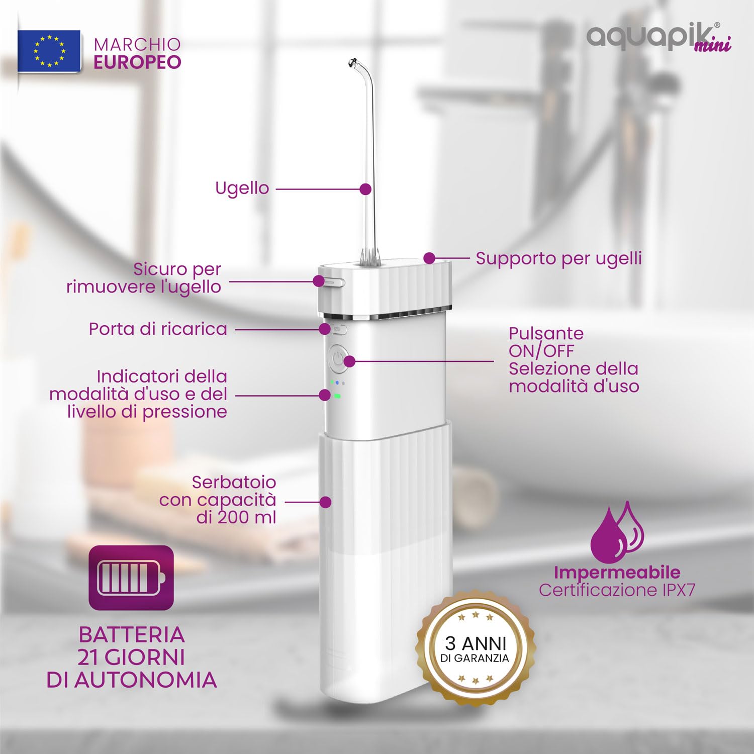 Idropulsore dentale portatile AQmini - 3 modalità, 4 ugelli, serbatoio 200 ml, USB-C, IPX7, compatto per viaggio, ufficio, gengive sensibili