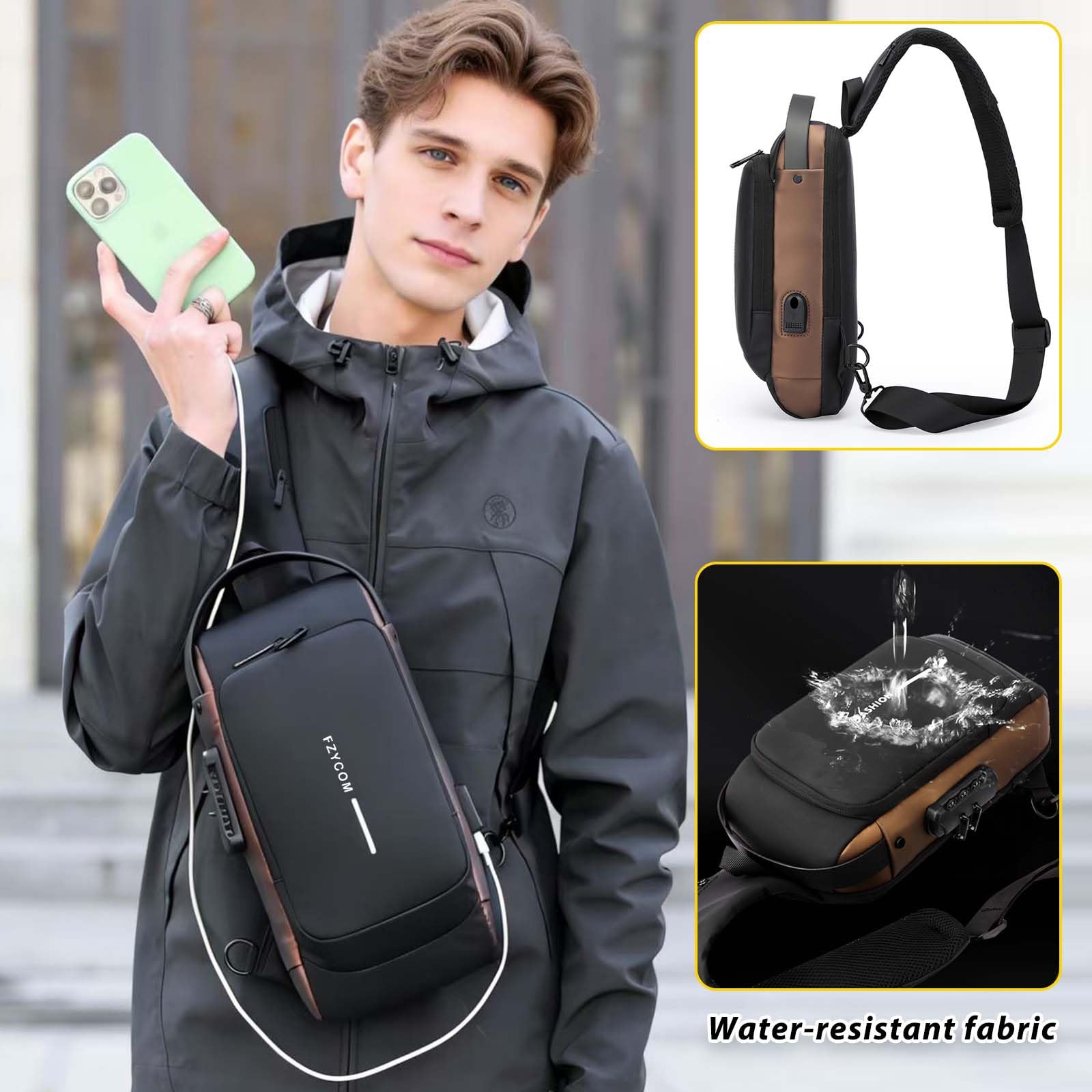 Sling Bag wodoszczelna męska torba na klatkę piersiową, czarna, torba na ramię, torba na telefon komórkowy, tablet, powerbank, klucze, okulary, karty kredytowe