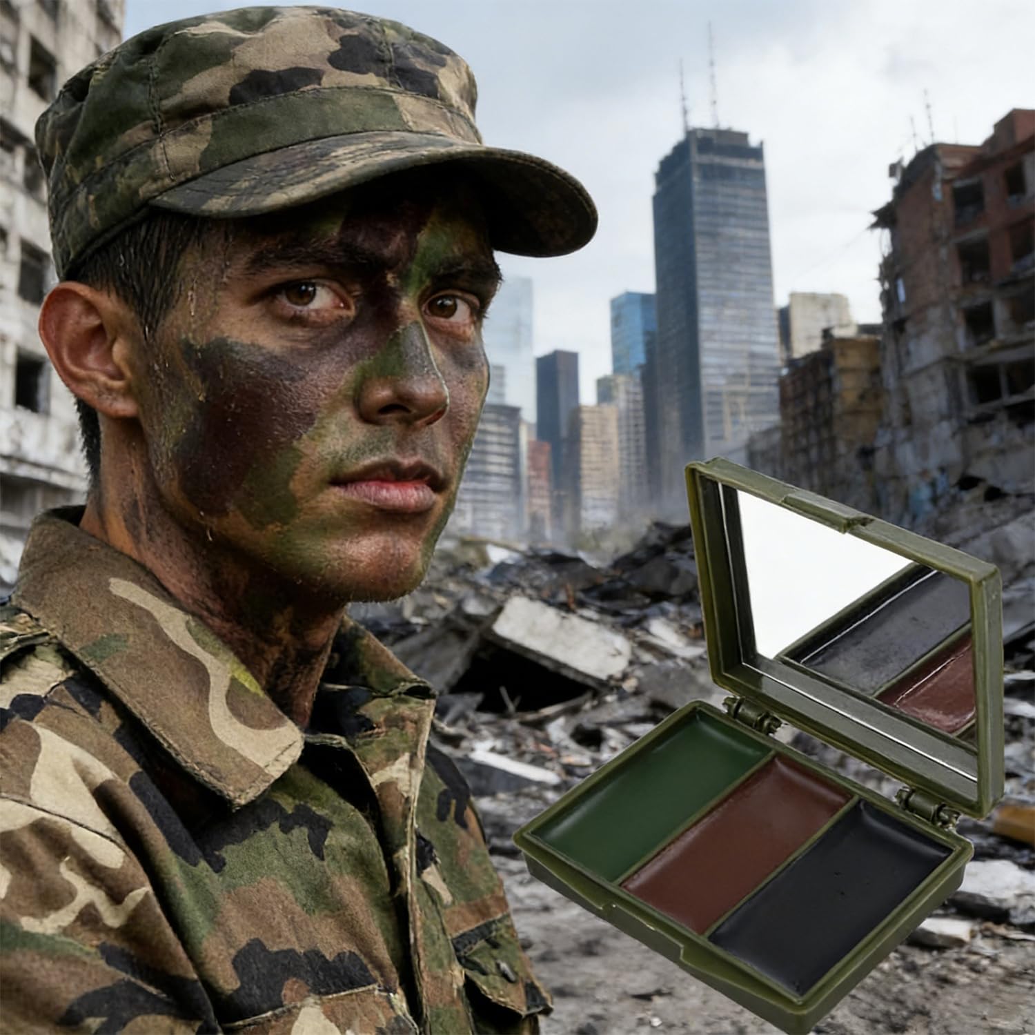 1 trucco mimetico, kit di 3 colori crema con specchio per addestramento militare o giochi CS Camo Woodland attrezzature militari (marrone, verde, nero)