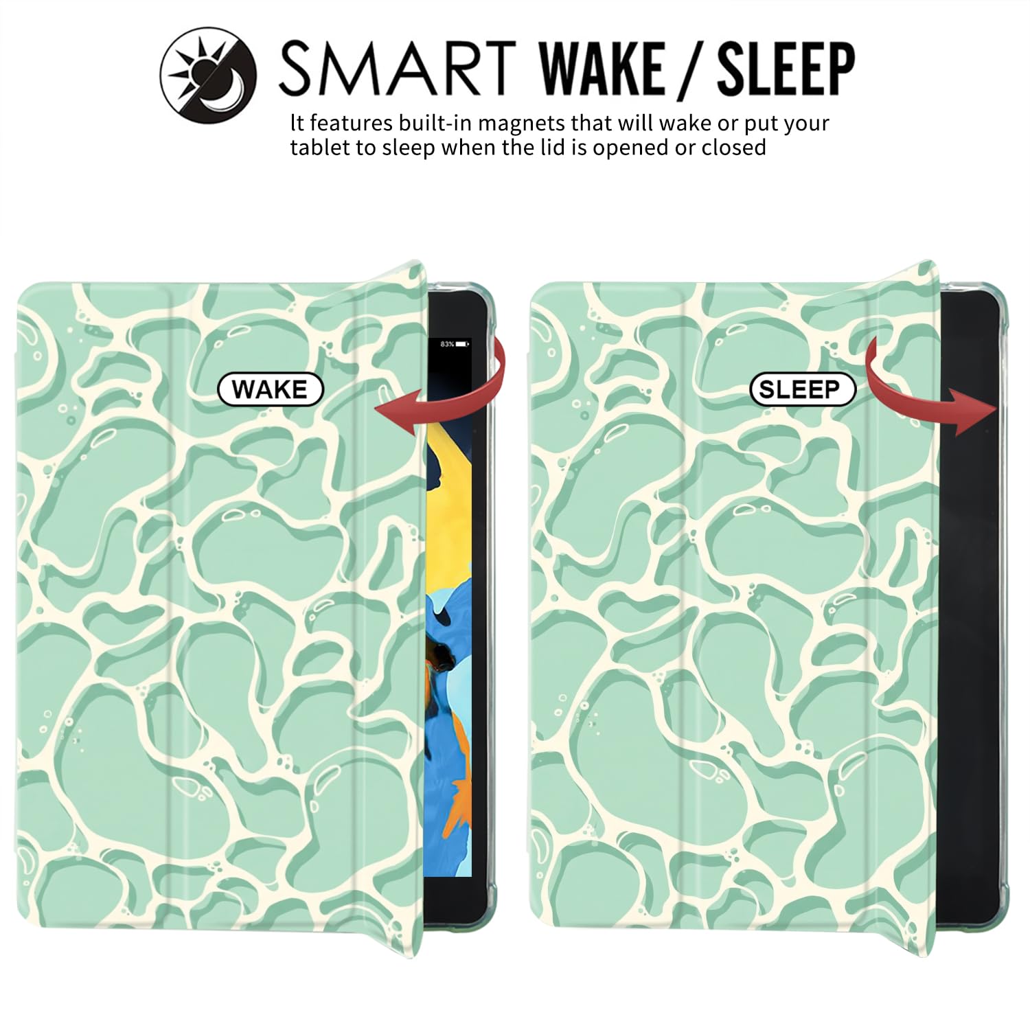 JOYLAND Étui folio anti-rayures et antichoc pour iPad (A16) 11" 2025/iPad 10e génération 11" avec porte-crayon – Fonction veille/réveil automatique – Motif vague verte