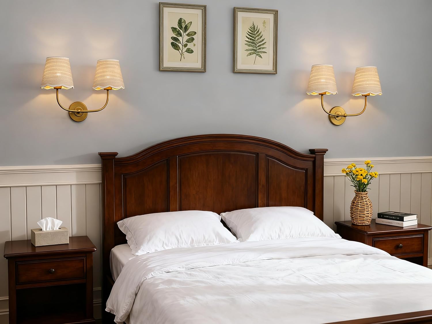 Phansthy Industrial Hardwired Wall Sconce Vintage Farmhouse Wall Light, Boho Brass Finished Wall Lamps with Natural Rattan Woven Lampshade for Bedroom, Living Room (Antique Gold, Two-Light)