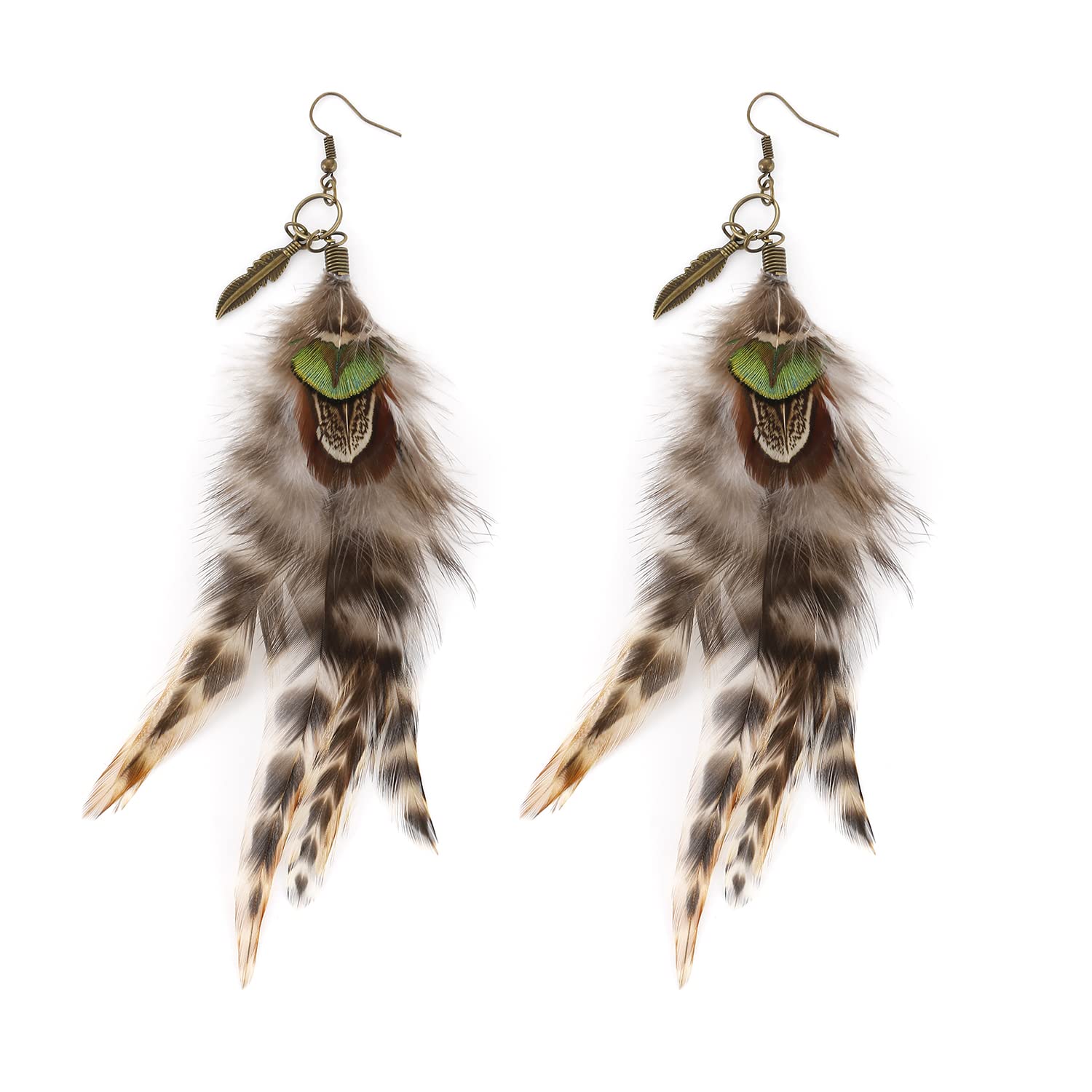 lureme Bohemian Style Boho Multicolor Pheasant Feathers Dangle Earrings (er006359-3)