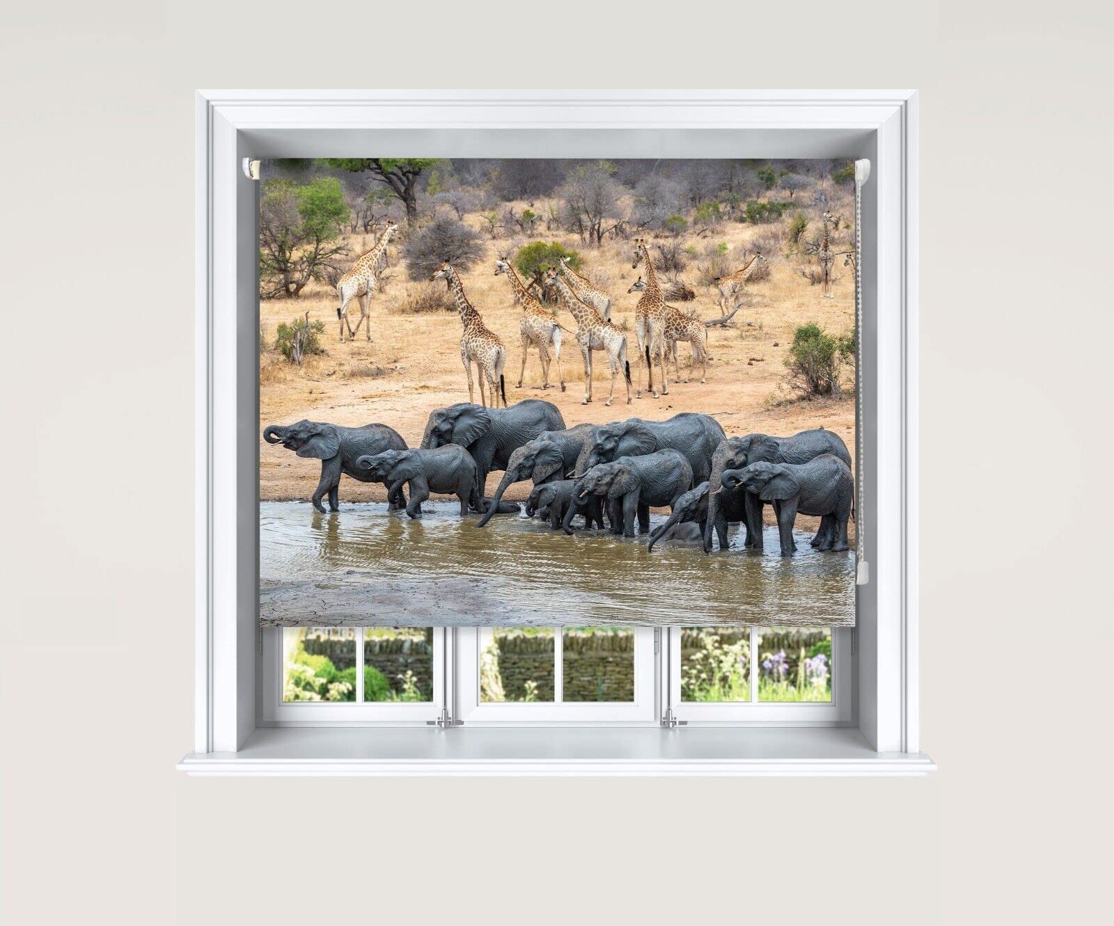 Lister Cartwright Blackout Roller Blind Elephant & Giraffe Water Hole Blind (180 cm Width x 140 cm Drop)