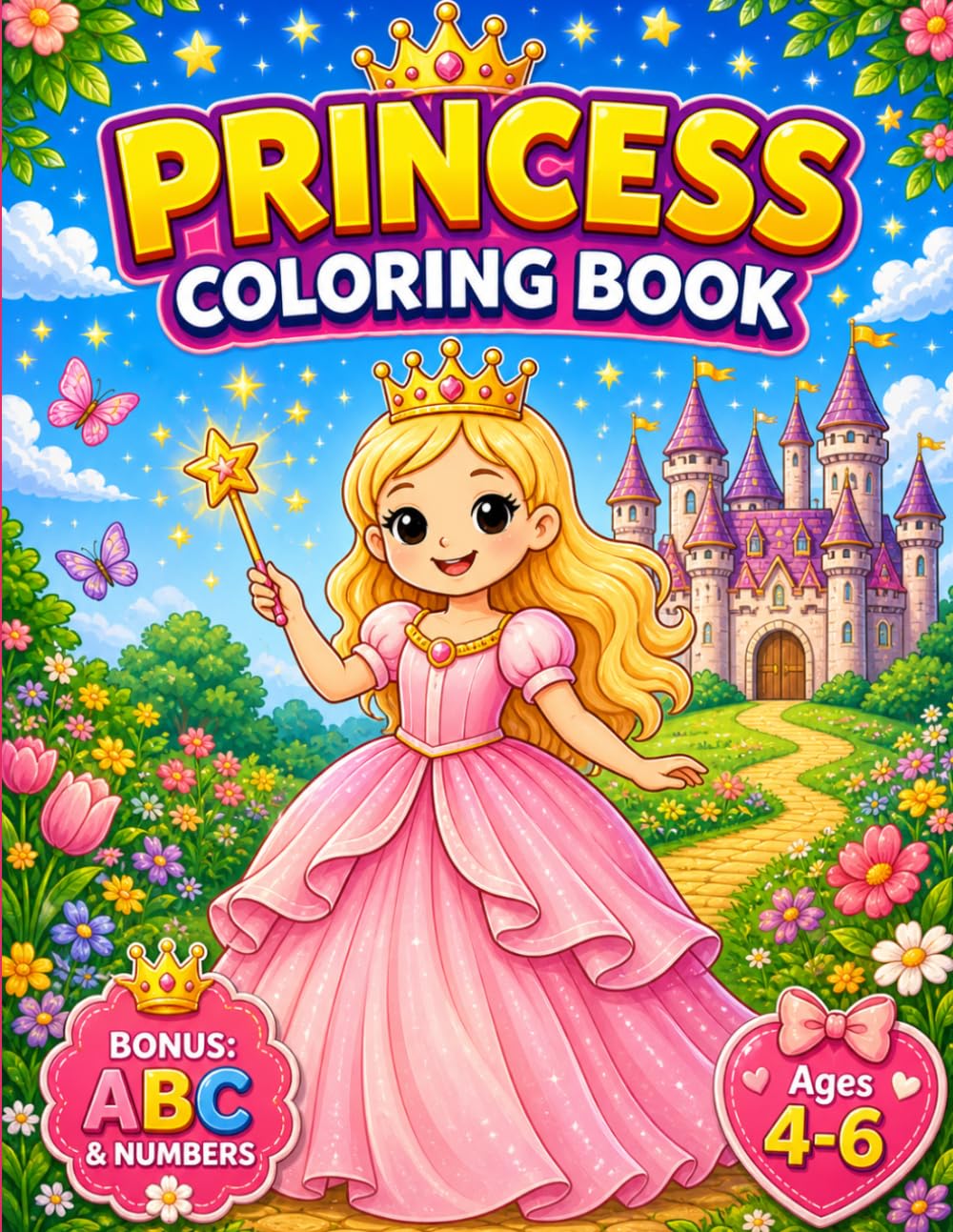 Princess Coloring Book for Kids Ages 4–6 with BONUS ABC Alphabet & Numbers: Fun Princess Coloring Pages with Cute Princesses, Castles, Dresses and ... (Smash Kids Coloring & Learning Series)