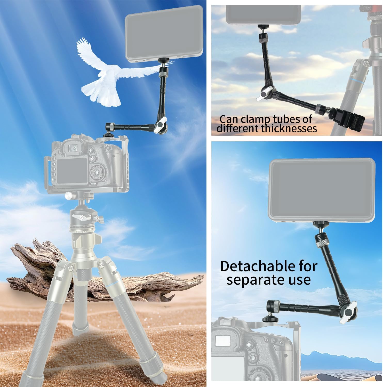CNC Machined 11" Articulating Magic Arm Clamp Mount with Super Clamp, 360° Dual Ball Head & 1/4" ARRI Locating Pin&Holes, Heavy-Duty Camera Monitor Mount for Camera, Phone, LED Light, w/Clamp