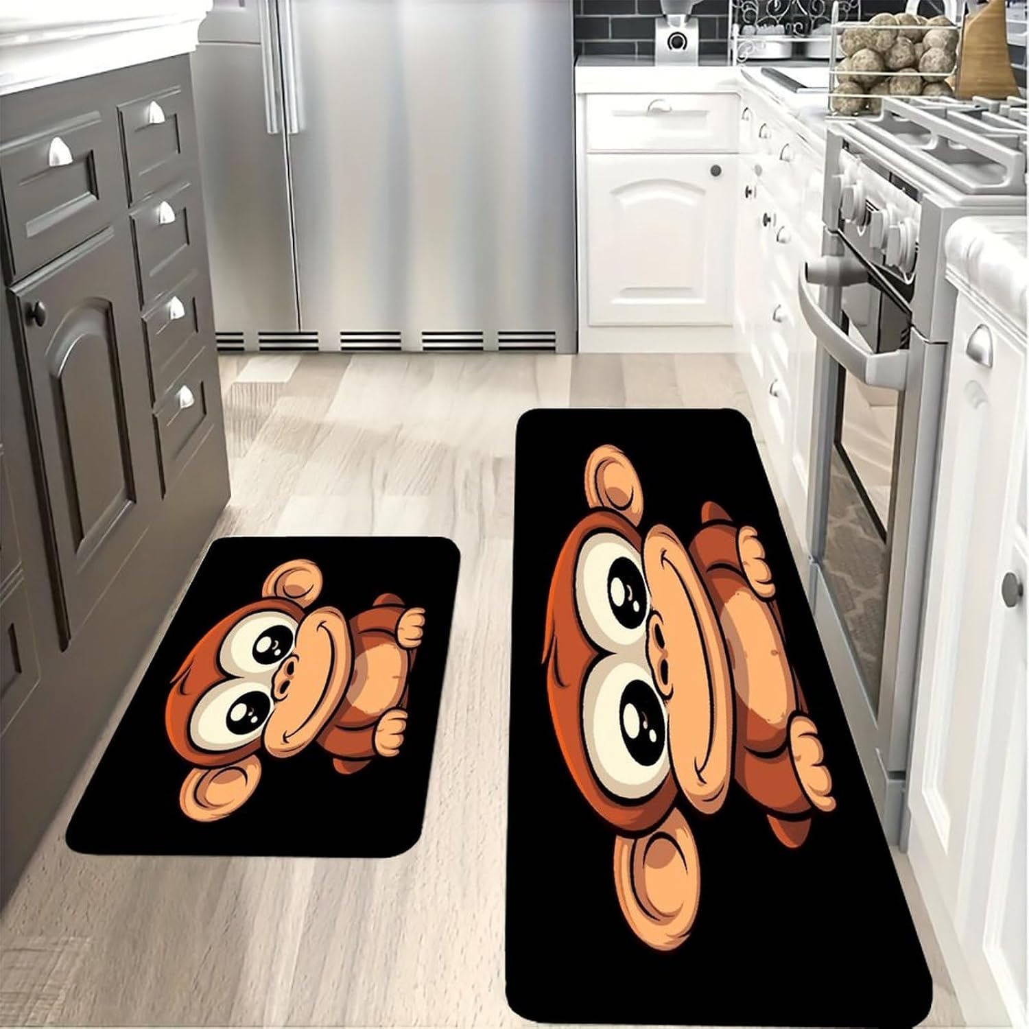 Cartoon Monkey Kitchen Mat Kitchen Rug Set | Kitchen Rugs Flannel Velvety Washable breathable Water Absorbent Soft ，kitchen utensils for Kitchen, Floor,Laundry