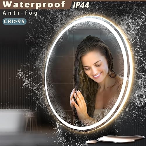 Miniatura 5 de KWW Espejo de tocador redondo LED grande de 24 pulgadas, temperatura de color ajustable, luces regulables antivaho y regulables, fácil de instalar,