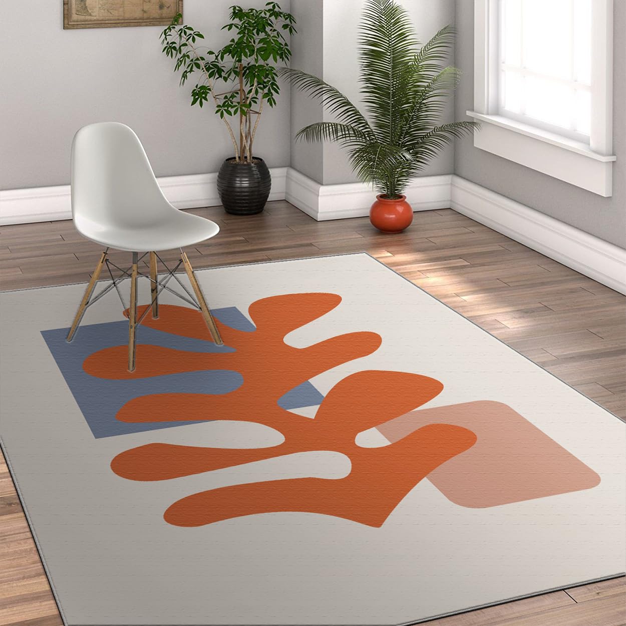 Tapis de salon lavable et antidérapant beige orange bleu motif feuille