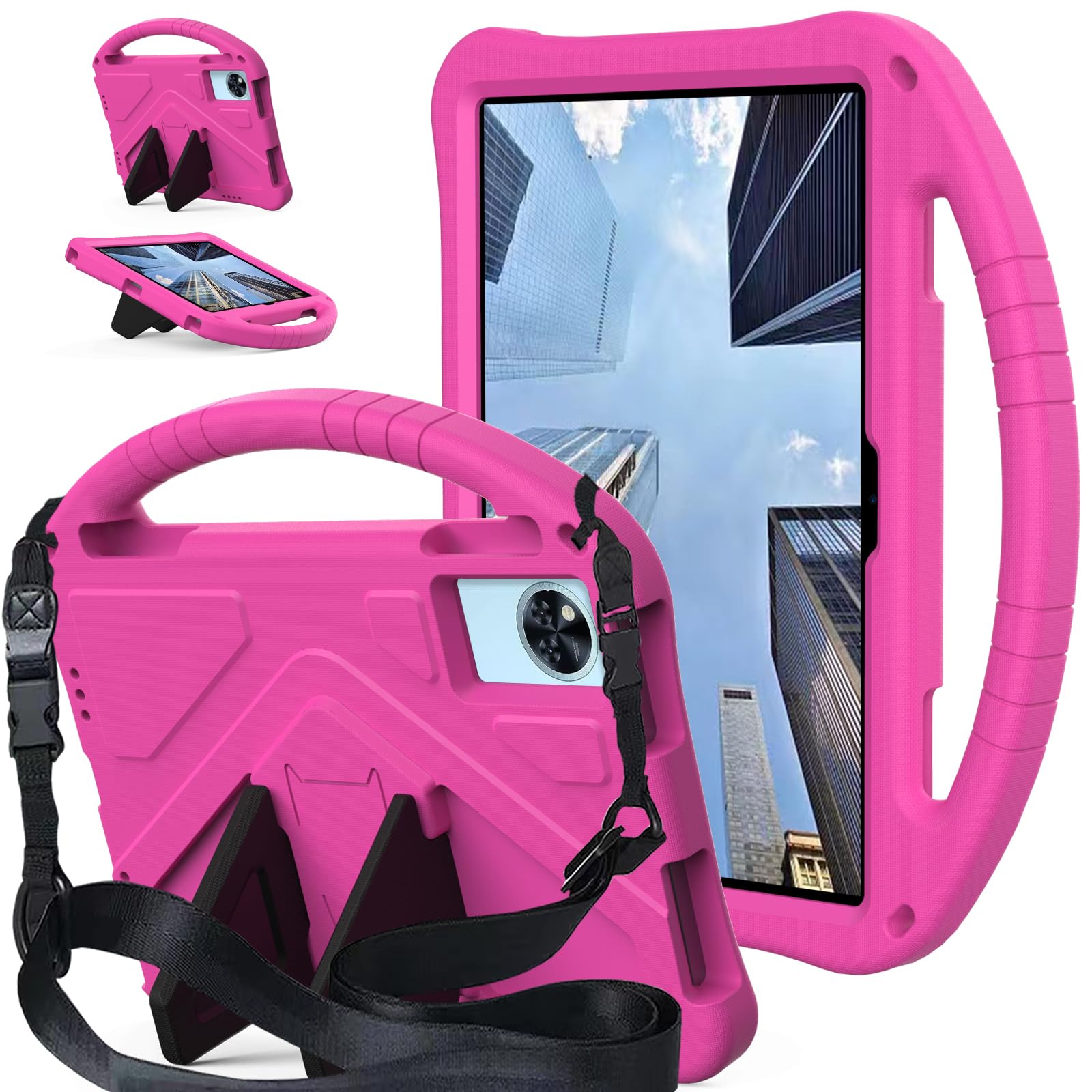 Compatibile con Doogee U11 2025, custodia protettiva leggera compatibile con tablet Doogee U11 per bambini, custodia protettiva con supporto con tracolla (rosso rosa)