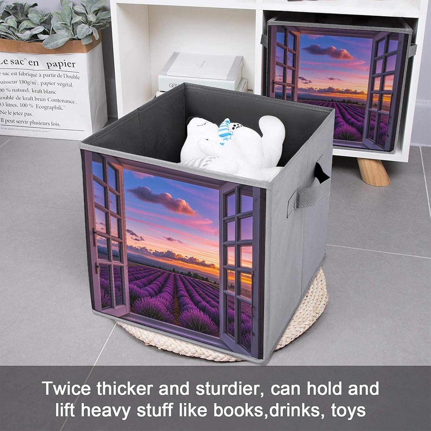 Purple Sunset Lavender Flower Foldable Storage Box with Handles, Durable Oxford Storage Cubes, 2PCS Collapsible Closet Organizer for Home, Shelf, Office, Travel