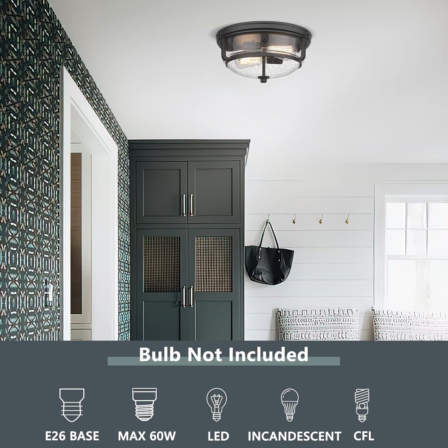 Emliviar 12 Inch Ceiling Light with Seeded Glass Shade - Indoor Outdoor Modern Flush Mount Ceiling Light Fixture, Black Finish, WE249F BK