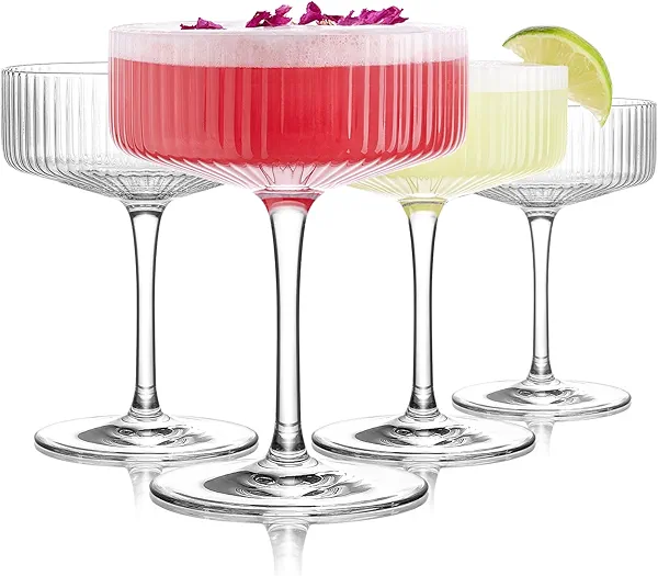 LUNA & MANTHA Coupe Glasses Set of 4, 10oz Ribbed Martini Glasses, Vintage Cocktail Glass, Hand Blown for Espresso Martini, Champagne, Margarita, Home Bar &Gift, Crystal Glassware