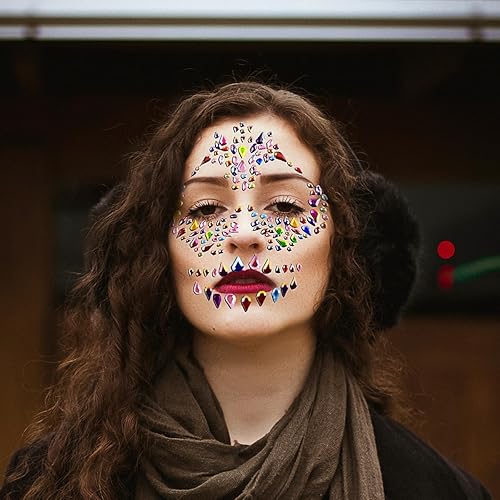 Miniatura 8 de Tatuaje facial temporal con purpurina roja con diamantes de imitación para el Día de los Muertos, calavera de azúcar, gemas faciales, calcomanías
